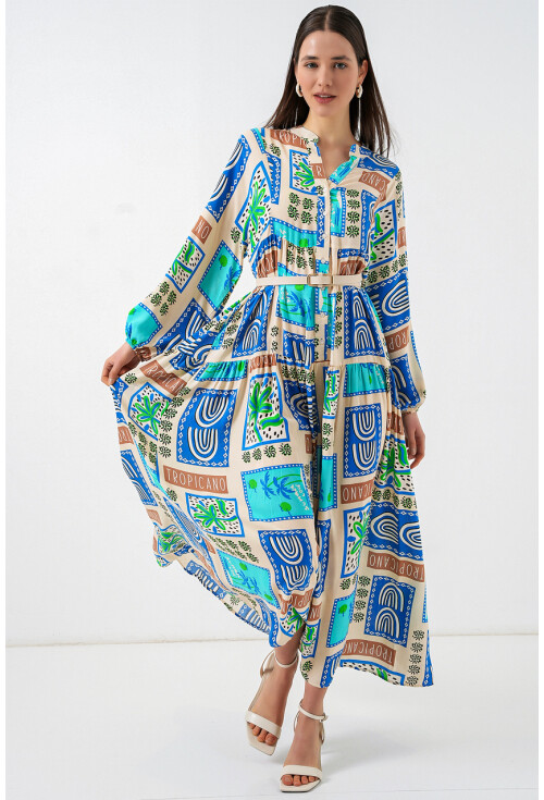 Kadın Desenli Uzun Tesettür Elbise 2585