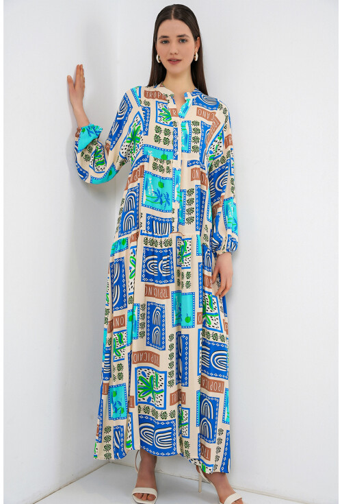 Kadın Desenli Uzun Tesettür Elbise 2585