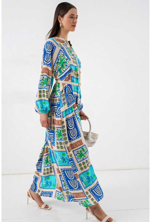 Kadın Desenli Uzun Tesettür Elbise 2585