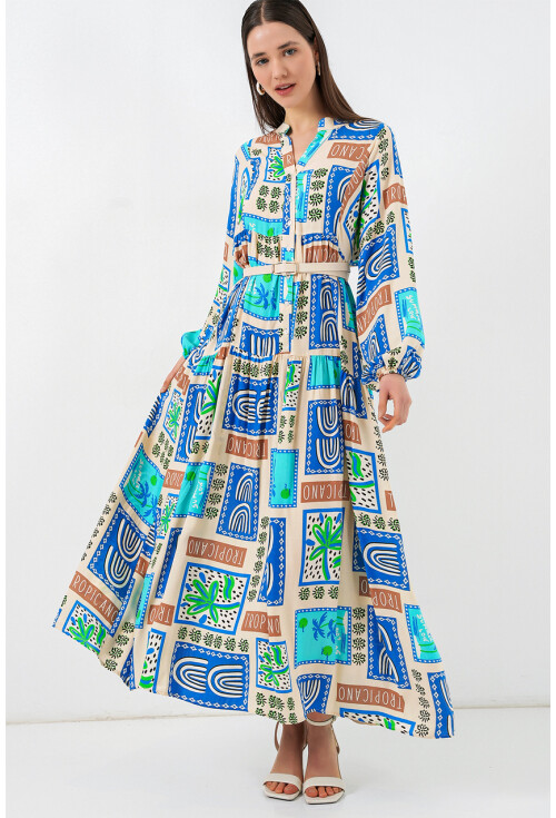 Kadın Desenli Uzun Tesettür Elbise 2585