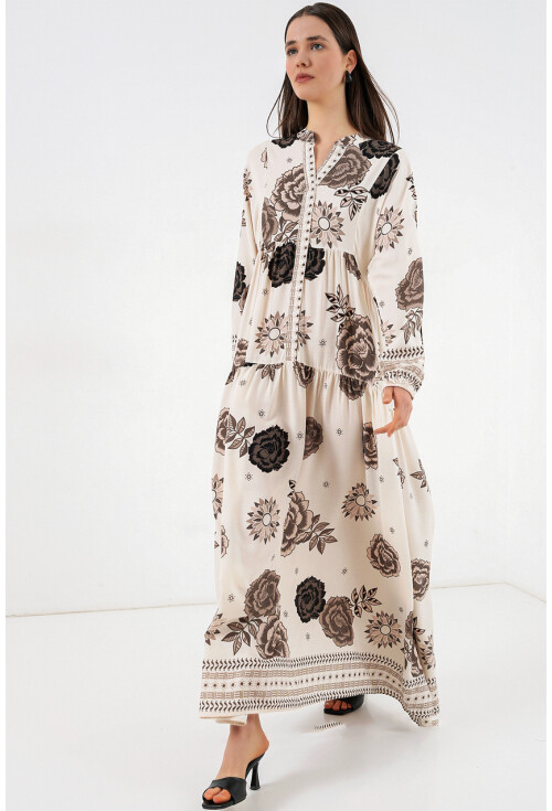 Kadın Desenli Uzun Tesettür Elbise 2585