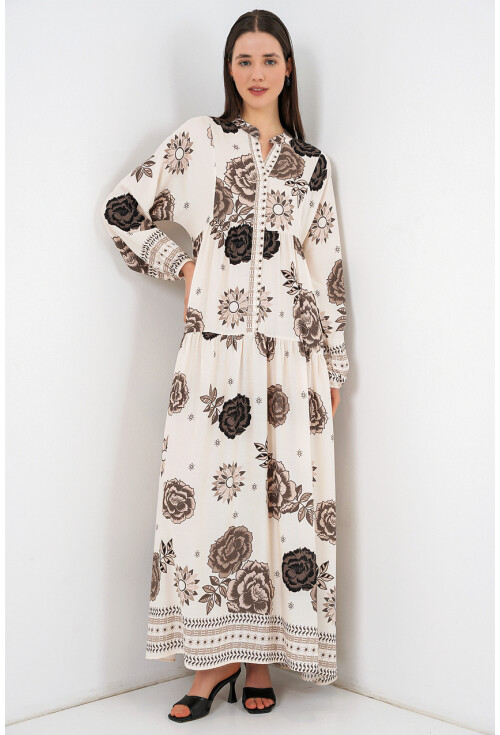 Kadın Desenli Uzun Tesettür Elbise 2585