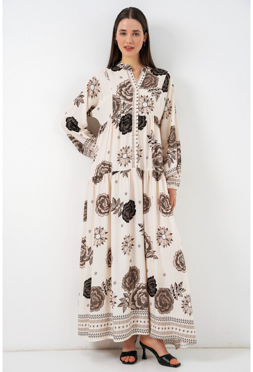 Kadın Desenli Uzun Tesettür Elbise 2585