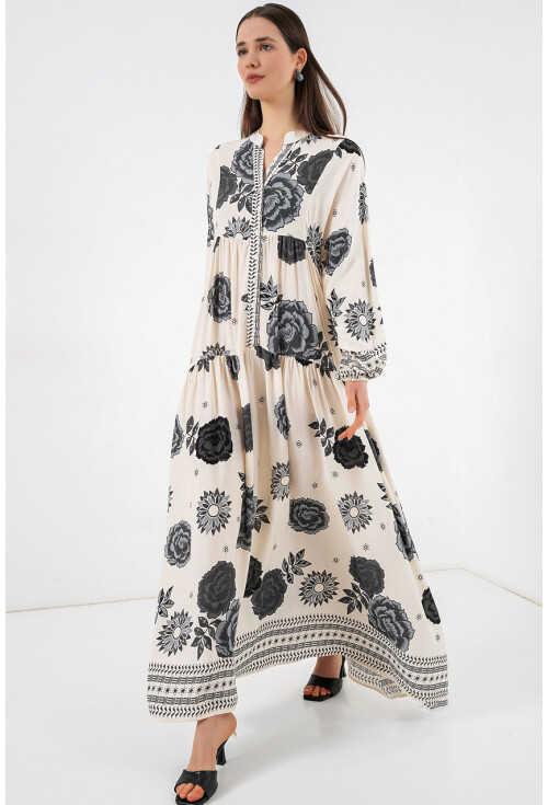 Kadın Desenli Uzun Tesettür Elbise 2585