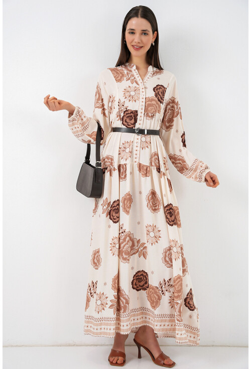 Kadın Desenli Uzun Tesettür Elbise 2585