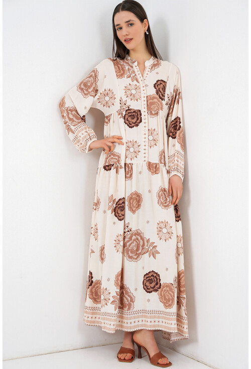 Kadın Desenli Uzun Tesettür Elbise 2585