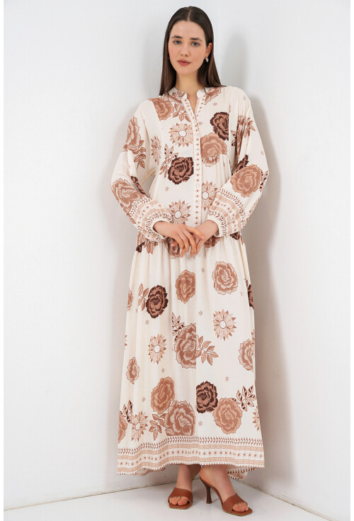 Kadın Desenli Uzun Tesettür Elbise 2585