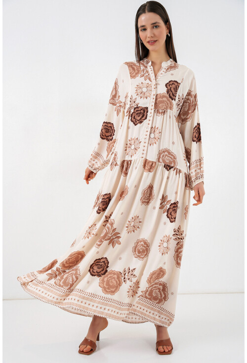 Kadın Desenli Uzun Tesettür Elbise 2585