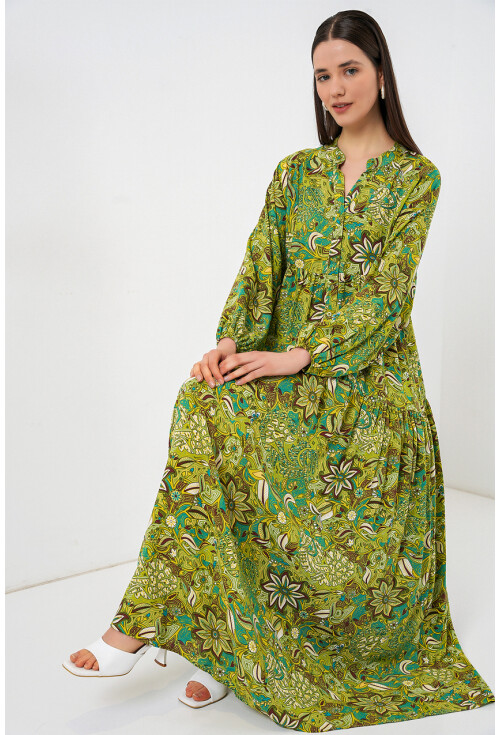 Kadın Desenli Uzun Tesettür Elbise 2585