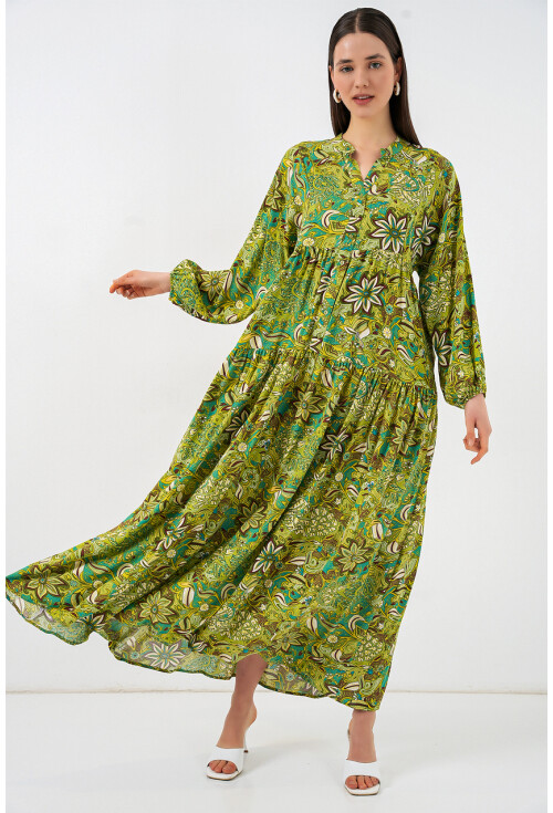 Kadın Desenli Uzun Tesettür Elbise 2585