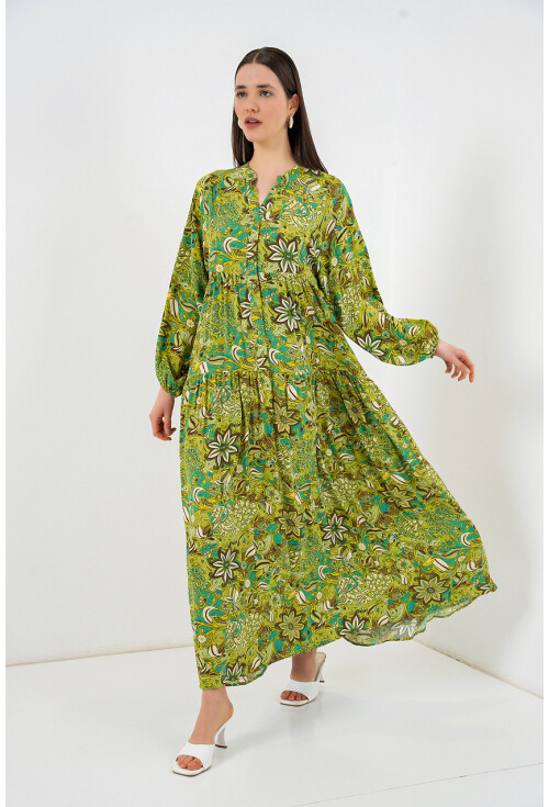 Kadın Desenli Uzun Tesettür Elbise 2585