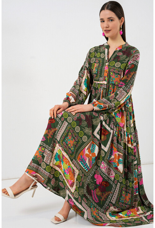 Kadın Desenli Uzun Tesettür Elbise 2585