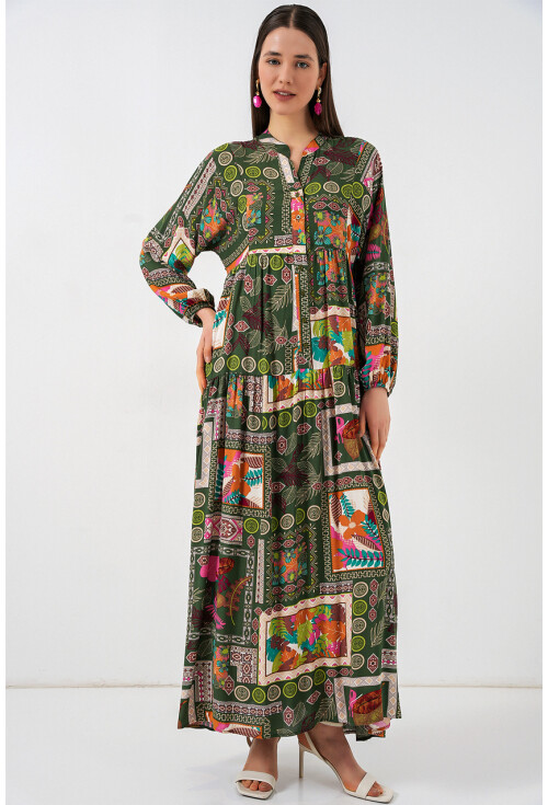 Kadın Desenli Uzun Tesettür Elbise 2585