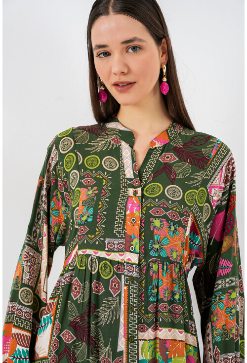 Kadın Desenli Uzun Tesettür Elbise 2585