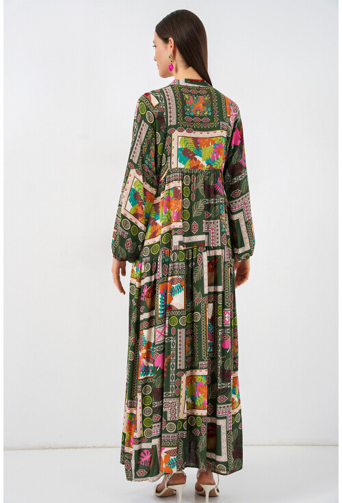 Kadın Desenli Uzun Tesettür Elbise 2585