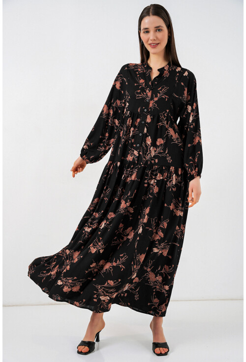 Kadın Desenli Uzun Tesettür Elbise 2585