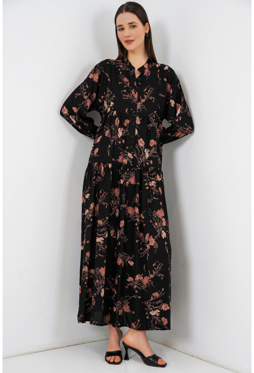 Kadın Desenli Uzun Tesettür Elbise 2585