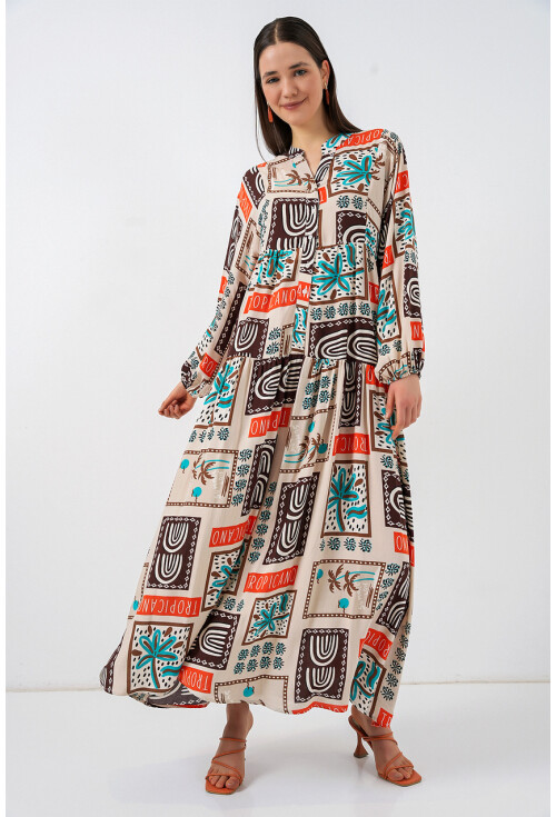 Kadın Desenli Uzun Tesettür Elbise 2585