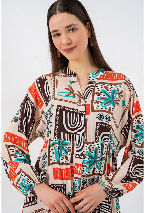 Kadın Desenli Uzun Tesettür Elbise 2585