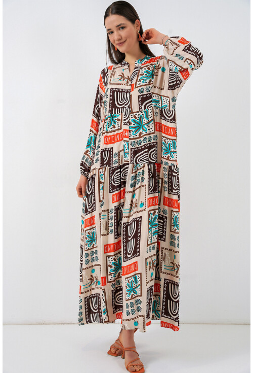 Kadın Desenli Uzun Tesettür Elbise 2585