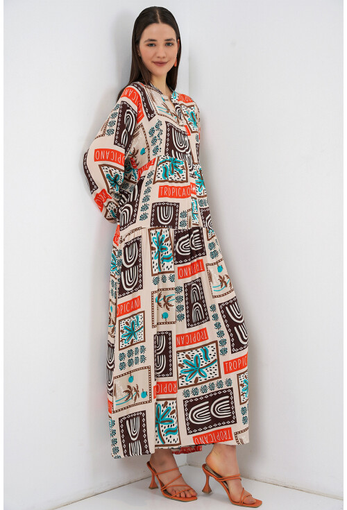 Kadın Desenli Uzun Tesettür Elbise 2585