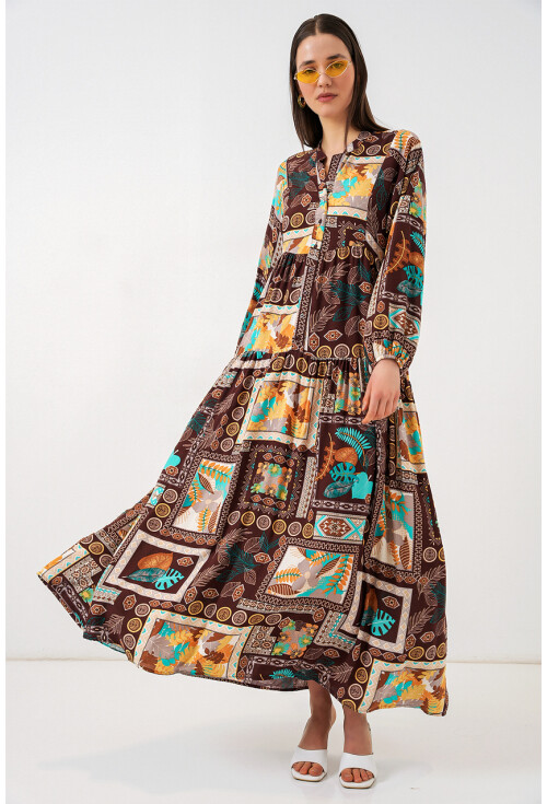 Kadın Desenli Uzun Tesettür Elbise 2585