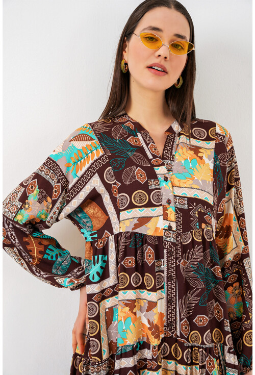 Kadın Desenli Uzun Tesettür Elbise 2585