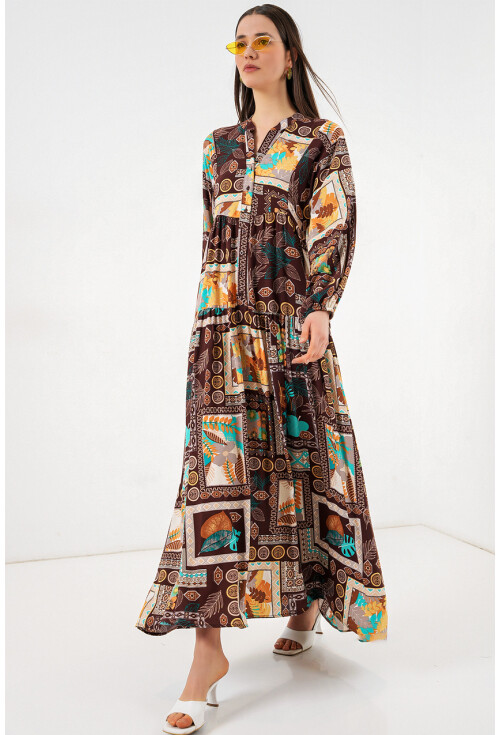 Kadın Desenli Uzun Tesettür Elbise 2585