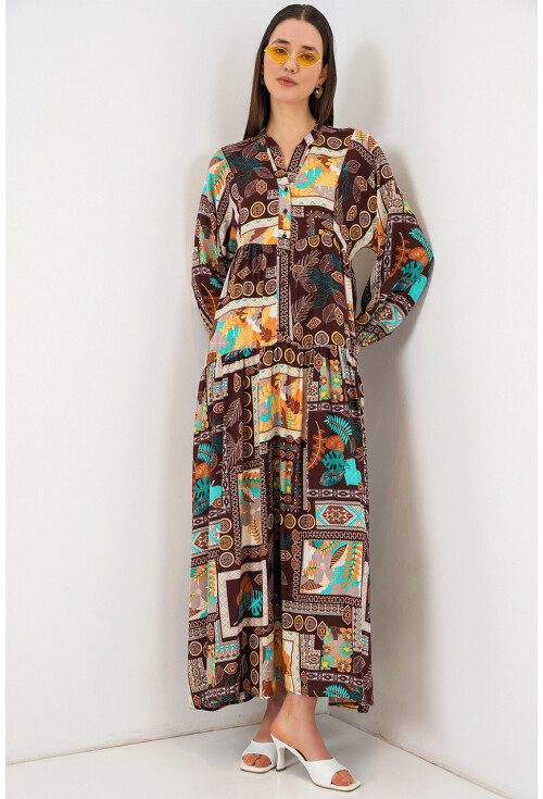 Kadın Desenli Uzun Tesettür Elbise 2585