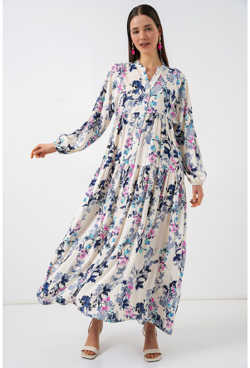 Kadın Desenli Uzun Tesettür Elbise 2585