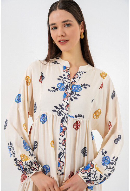 Kadın Desenli Uzun Tesettür Elbise 2585