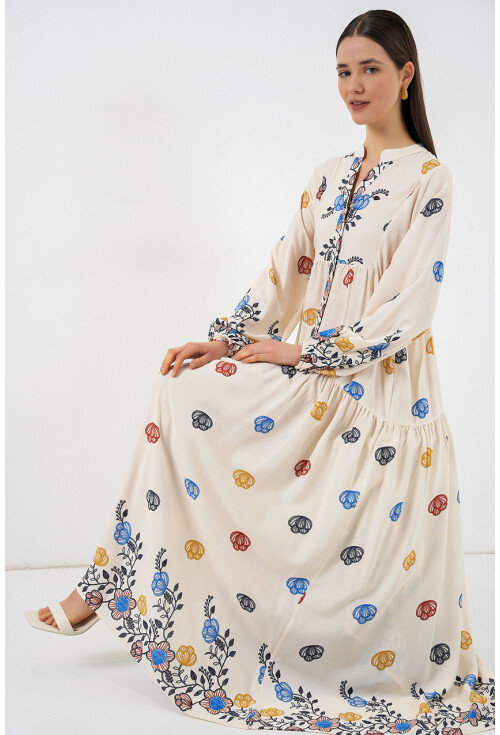 Kadın Desenli Uzun Tesettür Elbise 2585