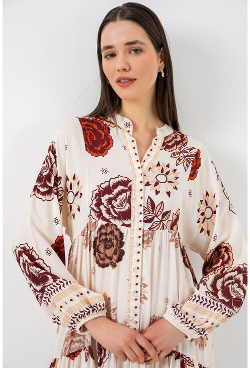 Kadın Desenli Uzun Tesettür Elbise 2585