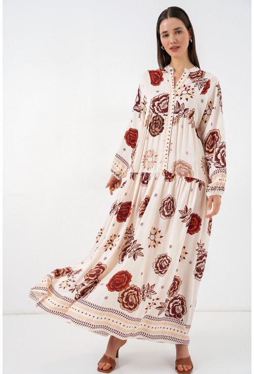 Kadın Desenli Uzun Tesettür Elbise 2585