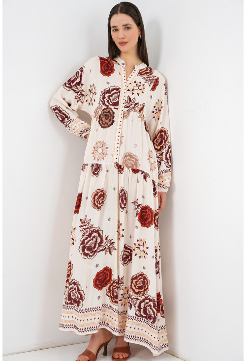 Kadın Desenli Uzun Tesettür Elbise 2585