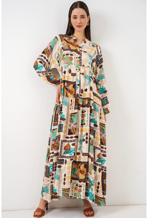 Kadın Desenli Uzun Tesettür Elbise 2585