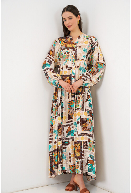 Kadın Desenli Uzun Tesettür Elbise 2585