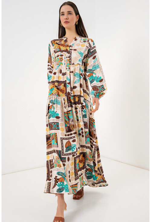 Kadın Desenli Uzun Tesettür Elbise 2585