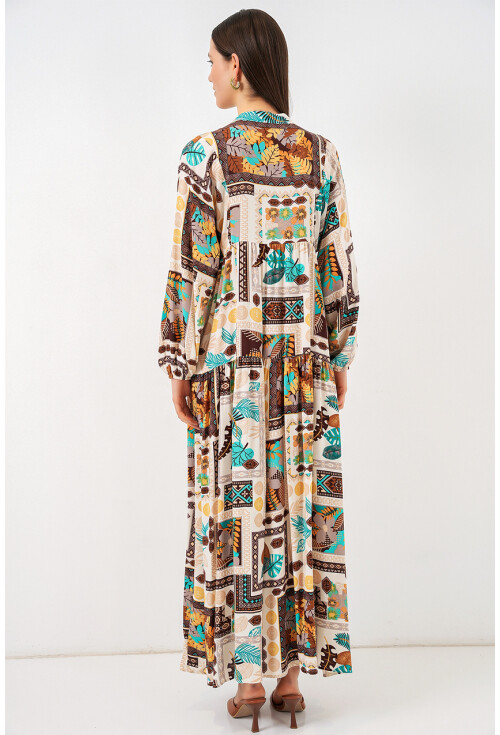 Kadın Desenli Uzun Tesettür Elbise 2585