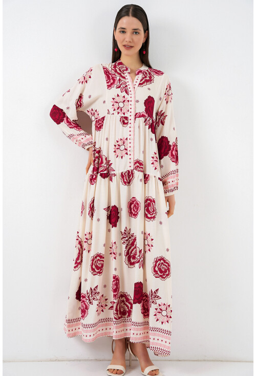 Kadın Desenli Uzun Tesettür Elbise 2585