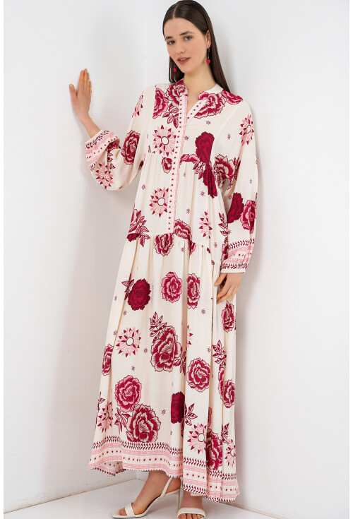 Kadın Desenli Uzun Tesettür Elbise 2585