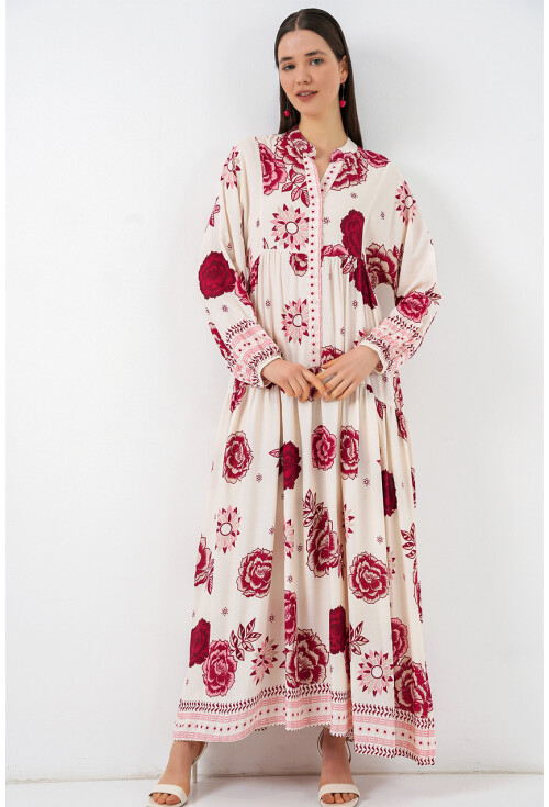 Kadın Desenli Uzun Tesettür Elbise 2585