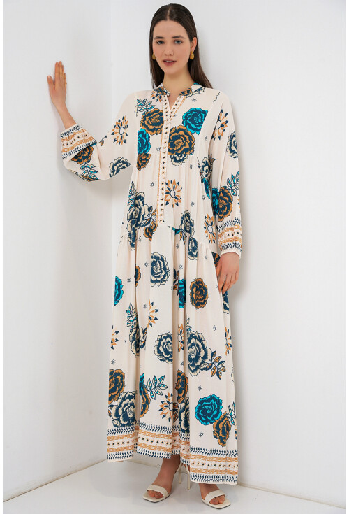 Kadın Desenli Uzun Tesettür Elbise 2585