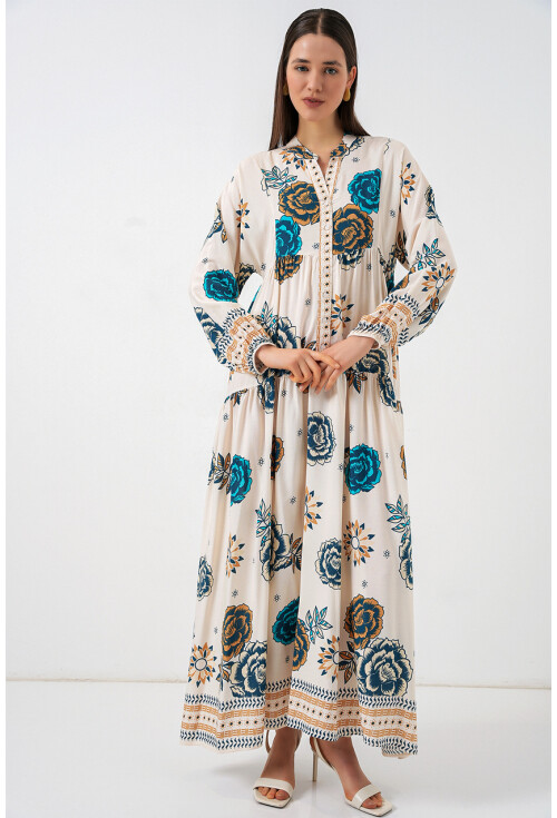 Kadın Desenli Uzun Tesettür Elbise 2585