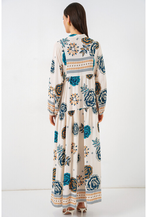 Kadın Desenli Uzun Tesettür Elbise 2585