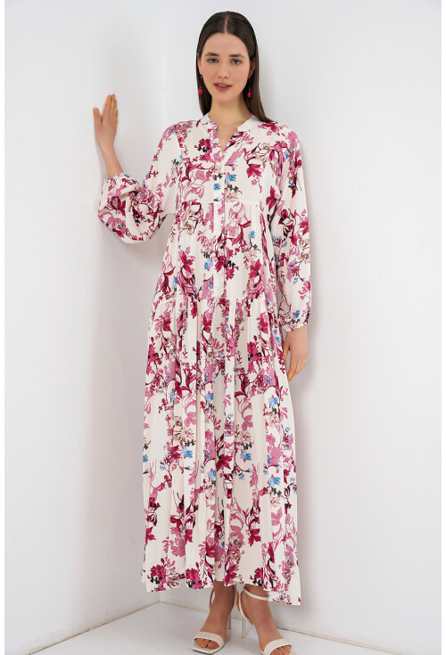 Kadın Desenli Uzun Tesettür Elbise 2585