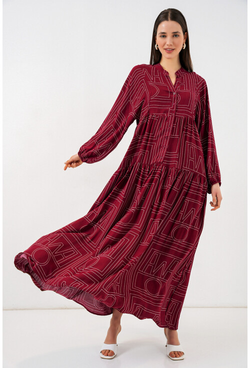 Kadın Desenli Uzun Tesettür Elbise 2585