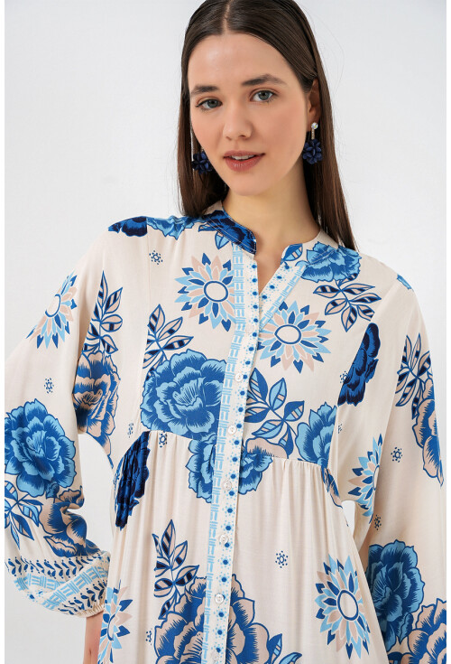 Kadın Desenli Uzun Tesettür Elbise 2585