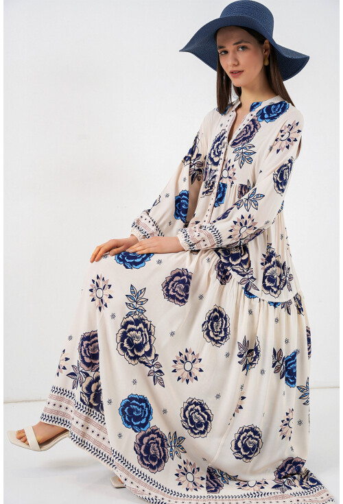 Kadın Desenli Uzun Tesettür Elbise 2585