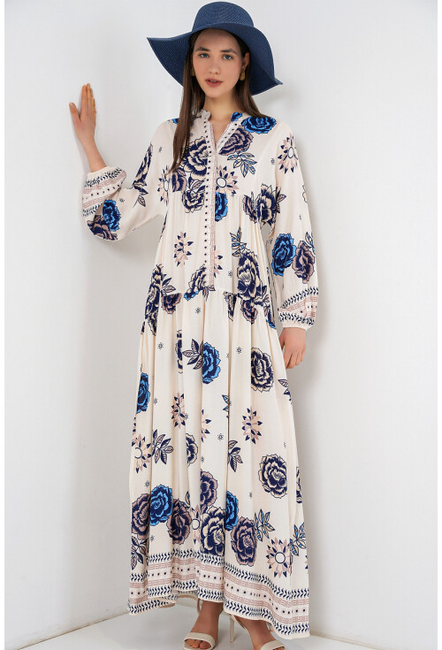 Kadın Desenli Uzun Tesettür Elbise 2585